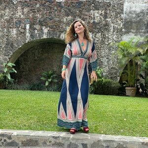 Lulus Multicolor Geometric Ruffle Flared 3/4 Sleeve V-Neck Maxi Dress S